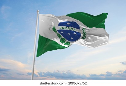 flag of Parana , Brazil at cloudy sky background on sunset, panoramic view. Brazilian travel and patriot concept. copy space for wide banner. 3d illustration