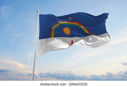 flag of Pernambuco , Brazil at cloudy sky background on sunset, panoramic view. Brazilian travel and patriot concept. copy space for wide banner. 3d illustration