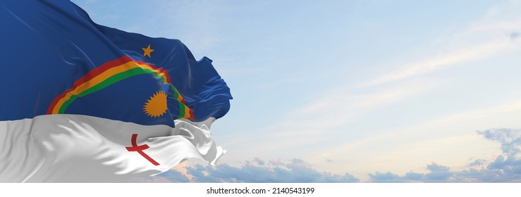 flag of Pernambuco , Brazil at cloudy sky background on sunset, panoramic view. Brazilian travel and patriot concept. copy space for wide banner. 3d illustration
