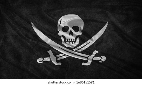 Flag of Pirate jolly roger 3D Illustration. Pirate jolly roger Flag for Independence Day, celebration, election. The symbol of the state on wavy silk fabric.
