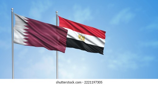 Flag Of Qatar And Flag Of Egypt,
3D Rendering With Blue Sky Background