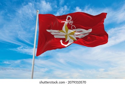 Flag Of Republic Of Korea Armed Forces , South Korea At Cloudy Sky Background On Sunset, Panoramic View. Korean Travel And Patriot Concept. Copy Space For Wide Banner. 3d Illustration