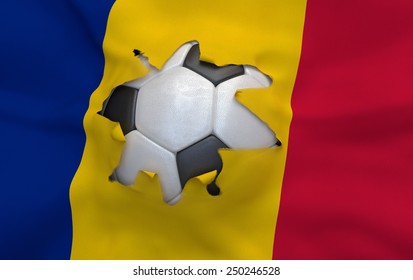 Flag Of Romania And Soccer Ball, Hole In Flag