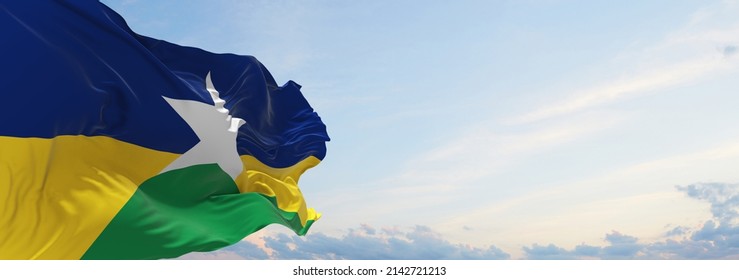 flag of Rondonia , Brazil at cloudy sky background on sunset, panoramic view. Brazilian travel and patriot concept. copy space for wide banner. 3d illustration