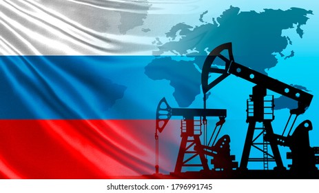 Flag of Russia next to pumps for oil production. Concept - hydrocarbon market in Russia. Extraction Urals grade crude oil. Silhouettes of different continents. Export of Russian oil other countries