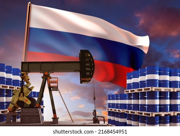 Flag Of Russia And Pumps For Oil Production. Hydrocarbon Export In Russia Concept. Extraction Urals Grade Crude Oil. Fuel Barrels And Production Pump. Oil And Gas Sector Russian Federation. 3d Image