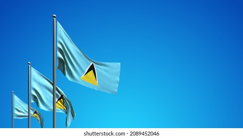 Flag of the Saint Lucia wave wind. 3D illustration wave dynamic flags. Backdrop on bright blue skies