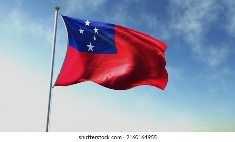 Flag of Samoa waving in a wind with beautiful blue sky background and small clouds 3d illustration