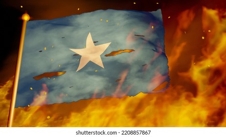 Flag Of Somalia Burning In War, Wildfire, Crisis, Collapse (3D Render)