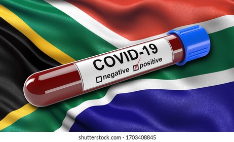 Flag of South Africa waving in the wind with a positive Covid-19 blood test tube. 3D illustration concept for blood testing for diagnosis of the new Corona virus.