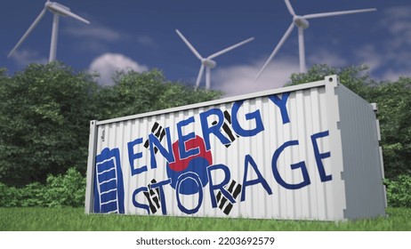 Flag Of South Korea And Energy Storage Text On A Battery Container At Wind Turbines,  3D Rendering