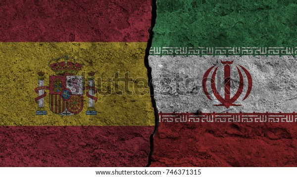 Flag of the\
Spain and Iran painted on wall divided with crack , relations -\
relationship , conflict\
concept