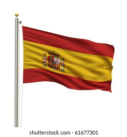 Flag Of Spain With Flag Pole Waving In The Wind Over White Background