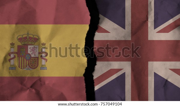 Flag of the spain and united kingdom - UK painted\
on old torn dirty wrinkled paper divided with crack ,conflict -\
relations concept