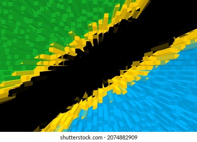Flag of Tanzania . TZ patriotism banner. Tanzania  national symbol. State banner of capital  Dodoma, Dar es Salaam . Flag with effect of extrusion, growing blocks. 3D Image
