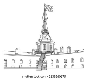 A Flag Tower Of Fortress In Saint Petersburg Russia, Line Art Architecture Drawing, Hand Drawn City Scape Illustration On White Background