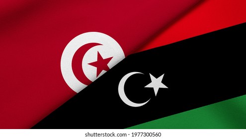 Flag Of Tunisia And Libya - 3D Illustration. Two Flag Together - Fabric Texture