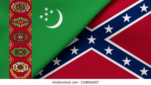Flag of Turkmenistan and Confederate - 3D illustration. Two Flag Together - Fabric Texture