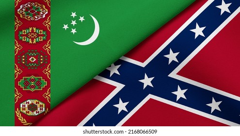 Flag of Turkmenistan and Confederate - 3D illustration. Two Flag Together - Fabric Texture