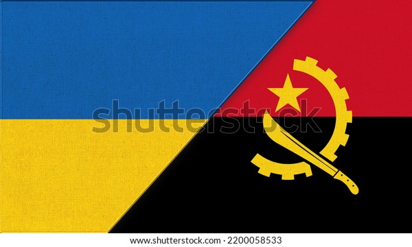 Flag of Ukraine and Angola - 3D illustration. Two\
Flags Together - Fabric Texture. National Symbols of Ukraine and\
Angola. Two Countries. Flag of Angola. Angolan flag on fabric\
surface