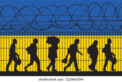 Flag of Ukraine. Illegal entry of citizens to country. Refugees near barbed wire fence. Concept illustration.
