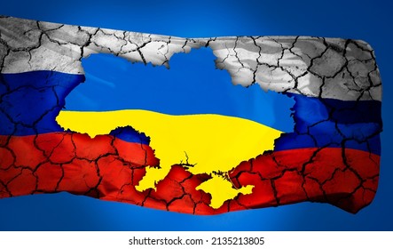 The flag of Ukraine inside the countries outline. Background of cracked Russian flag.