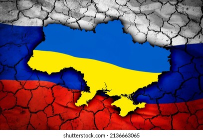 The flag of Ukraine inside the country's border. Full frame background of a cracked Russian flag symbolising 2022 Russian invasion of Ukraine.