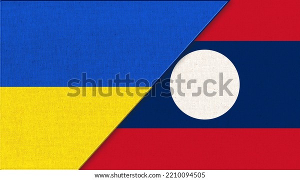 Flag of\
Ukraine and Laos - 3D illustration. Two Flags Together. National\
Symbols of Ukraine and Laos. flags of European and Asiatic country\
on fabric surface. Ukrainian and Laotian\
flags