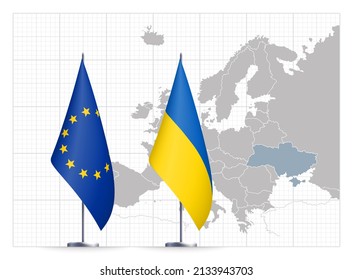 flag Ukraine and shield EU. Realistic 3d Ukrainian illustration with flag of Ukraine and shield of European Union isolated on white background. Europe map. European Union Pray for Ukraine banner