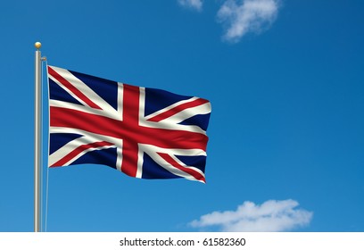 Flag Of The United Kingdom With Flag Pole Waving In The Wind On Front Of Blue Sky