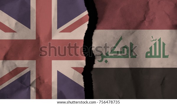 Flag of the united kingdom - UK and Iraqpainted\
on old torn dirty wrinkled paper divided with crack ,conflict -\
relations concept