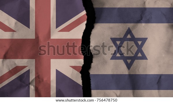 Flag of the united kingdom - UK and israel\
painted on old torn dirty wrinkled paper divided with crack\
,conflict - relations\
concept
