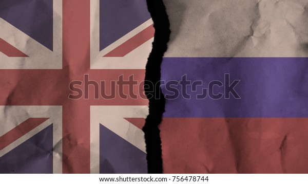 Flag of the united kingdom - UK and russia\
painted on old torn dirty wrinkled paper divided with crack\
,conflict - relations\
concept