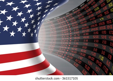 Flag of the United States of America with a large display of daily stock market price and quotations during economic recession period. The fate and mystery of US stock market, tunnel/corridor concept.