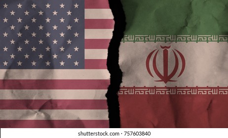 Flag Of The United States Of America - USA And Iran Painted On Old Torn Dirty Wrinkled Paper Divided With Crack ,conflict - Relations Concept