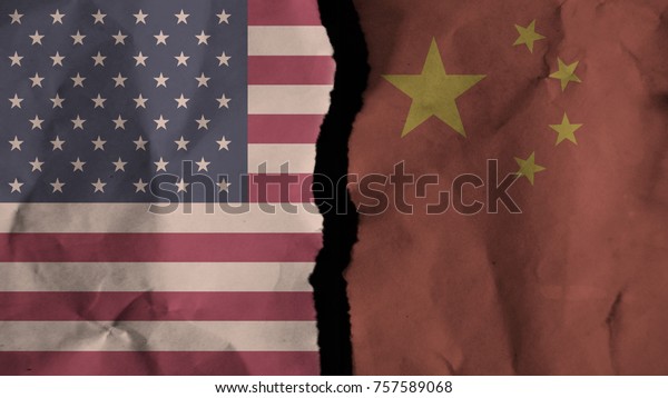 Flag of the united states of america - USA and\
china painted on old torn dirty wrinkled paper divided with crack\
,conflict - relations\
concept