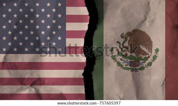 Flag of the united states of america - USA and\
mexico painted on old torn dirty wrinkled paper divided with crack\
,conflict - relations\
concept