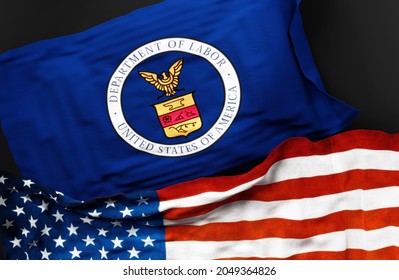 Flag Of The United States Department Of Labor 1915 To 1960 Along With A Flag Of The United States Of America As A Symbol Of A Connection Between Them, 3d Illustration