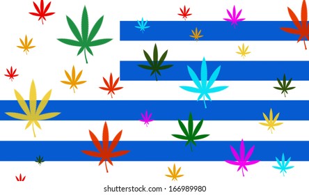 Flag Of Uruguay With Cannabis Leaf. Uruguay Becomes First Country To Legalize Marijuana Trade