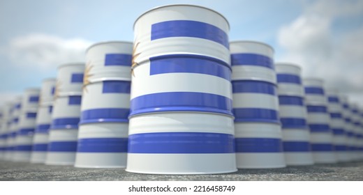 Flag Of Uruguay On The Barrels Or Steel Drums. Chemical Or Oil Industry Related 3D Rendering