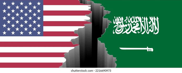 Flag Of The USA And Saudi Arabia With Crack Wall Texture. America And Suadi Arab Have Conflicts Regarding Oil Production