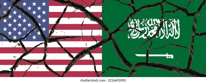 Flag Of The USA And Saudi Arabia With Cracks Texture. America And Suadi Arab Have Two Different Ways Regarding Oil Production.