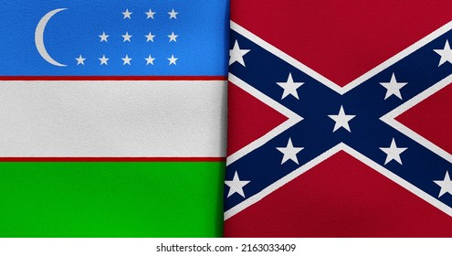 Flag of Uzbekistan and Confederate - 3D illustration. Two Flag Together - Fabric Texture