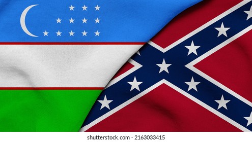 Flag of Uzbekistan and Confederate - 3D illustration. Two Flag Together - Fabric Texture
