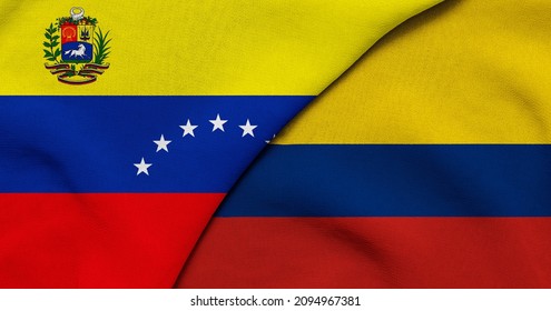 Flag of Venezuela and Colombia - 3D illustration. Two Flag Together - Fabric Texture