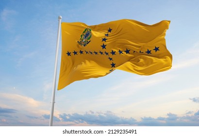 Flag Of The Vice President Of Brazil , Brazil At Cloudy Sky Background On Sunset, Panoramic View. Brazilian Travel And Patriot Concept. Copy Space For Wide Banner. 3d Illustration