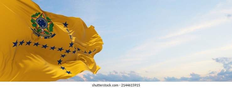 Flag Of The Vice President Of Brazil , Brazil At Cloudy Sky Background On Sunset, Panoramic View. Brazilian Travel And Patriot Concept. Copy Space For Wide Banner. 3d Illustration