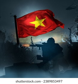 Flag of Vietnam and combat background