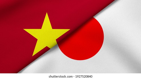 Flag of Vietnam and Japan - 3D illustration. Two Flag Together - Fabric Texture