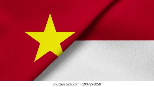 Flag of Vietnam and Monaco - 3D illustration. Two Flag Together - Fabric Texture